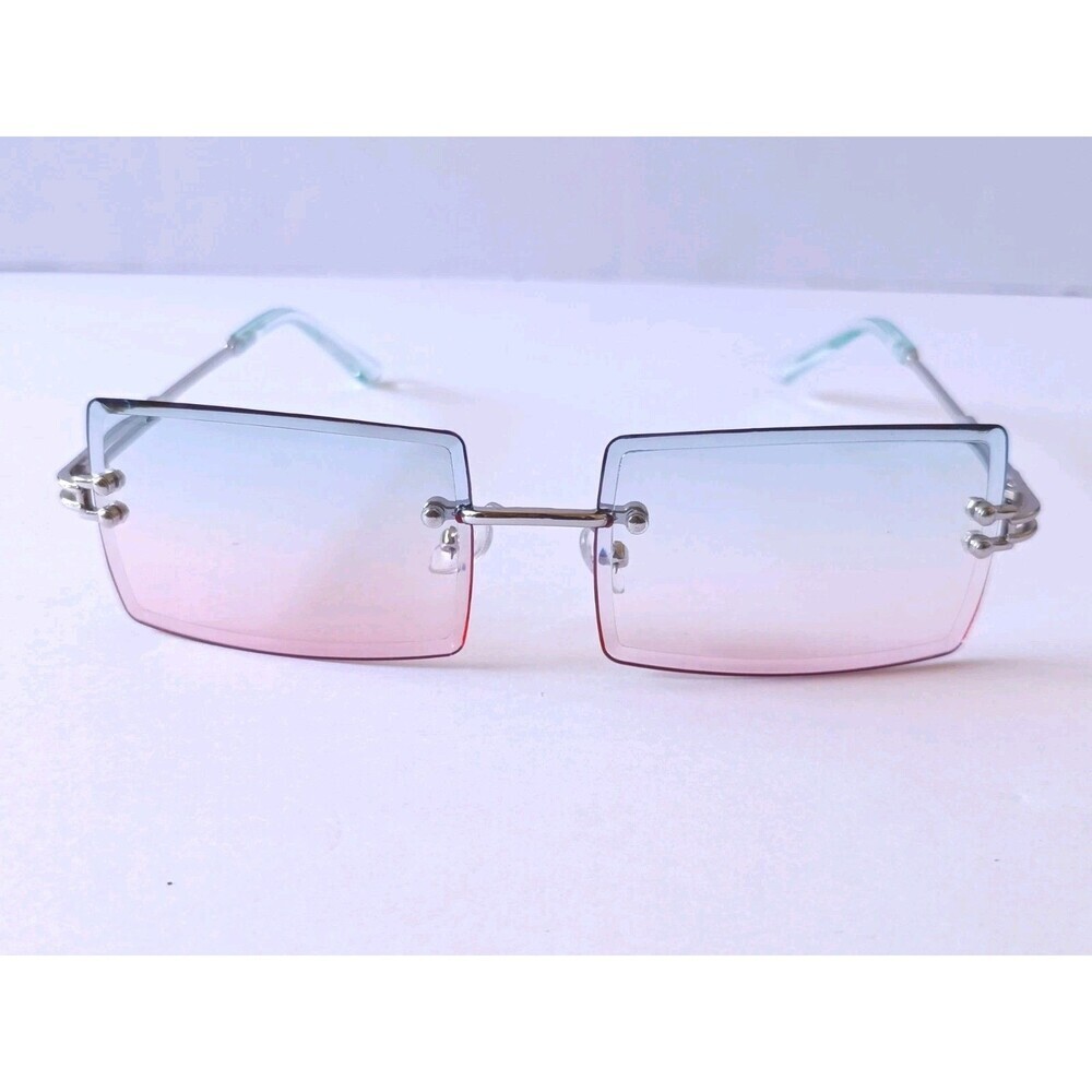 Rimless Square Sunglasses Rainbow Tint Unisex Metal Frame - Picture 2 of 8